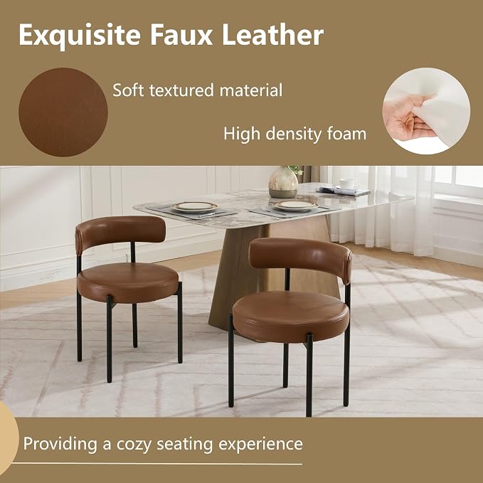Faux Leather Dining Chairs Set of 2, Upholstered Kitchen and Dining Room Chairs, Mid-Century Modern Dining Chairs with Round Back and Black Metal Legs, Vegan Leather, Brown