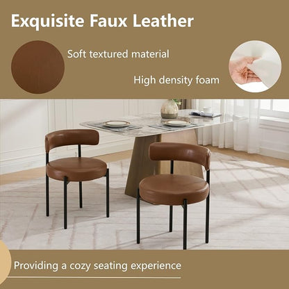 Faux Leather Dining Chairs Set of 4, Upholstered Kitchen and Dining Room Chairs, Mid-Century Modern Dining Chairs with Round Back and Black Metal Legs, Vegan Leather, Brown