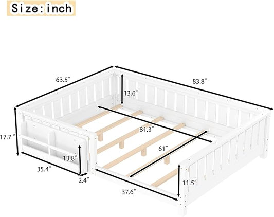 Bellemave Queen Size Floor Bed with high Rails and with Built-in Bookshelf for Kids, Girls, Boys, Wood Montessori Floor Bed Without Door, White