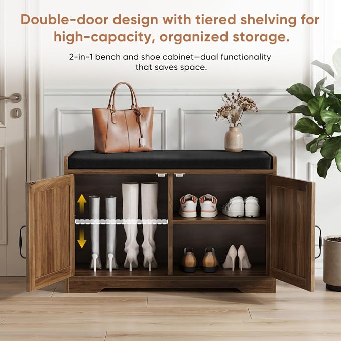 Entryway Shoe Storage Bench with Upholstered Seat, Double Door Cabinet, Adjustable Shelving, Slatted Front, Engineered Wood Organizer for Hallway, Foyer, Mudroom, Bedroom, Walk-In Closet (Walnut)