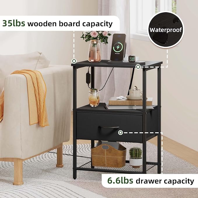 Somdot Black Nightstand Set of 2 with Charging Station and LED Light for Bedroom, Bedside Table End Table for Dorm Guest Room Bedside Kids Laundry Closet Entryway Hallway, Black