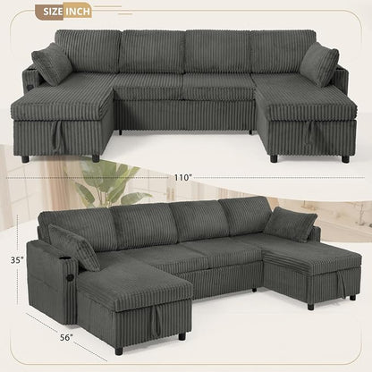 110" Corduroy U-Shape Sofa Bed with Adjustable Backrests, Upholstered Pull Out Sofa Bed with USB Ports, Convertible Sectional Sleeper Couch with Storage Chaise for Living Room, House, Grey