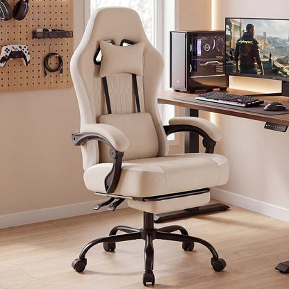 DUMOS Gaming Chair with Linkage Armrests, Video Game Chairs with Pocket Spring Cushion, Ergonomic Computer Silla Gamer Office Desk Chair with Footrest for Adults & Students, Light Brown