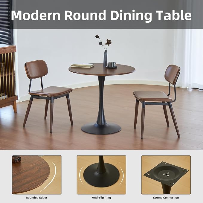 Round Dining Table, 24" Circle Tulip Table with Thickened Tabletop & Metal Pedestal, Mid Century Modern Bistro Table for Kitchen, Small Places, Living Room, Cafe (Faux Walnut)