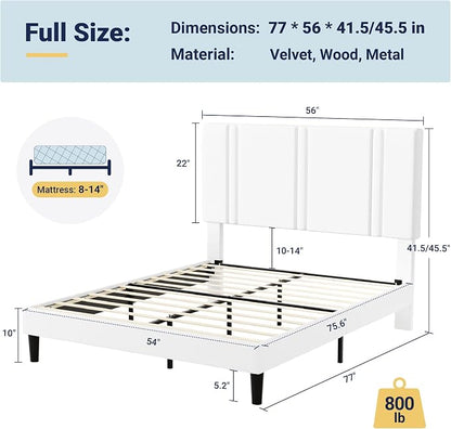 Allewie Full Size Platform Bed Frame with Adjustable Headboard, Plush Velvet Upholstered, Vertical Channel Tufted, Sturdy Wooden Slats, No Box Spring Needed, Easy Assembly, White