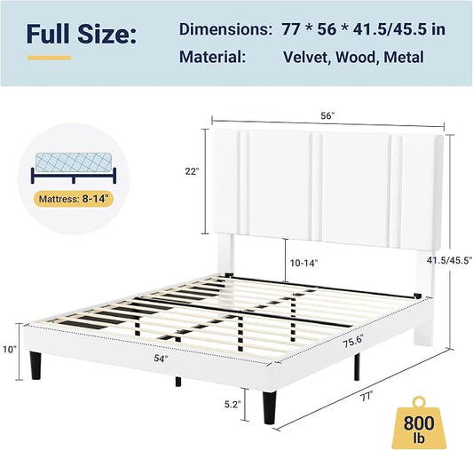 Allewie Full Size Platform Bed Frame with Adjustable Headboard, Plush Velvet Upholstered, Vertical Channel Tufted, Sturdy Wooden Slats, No Box Spring Needed, Easy Assembly, White