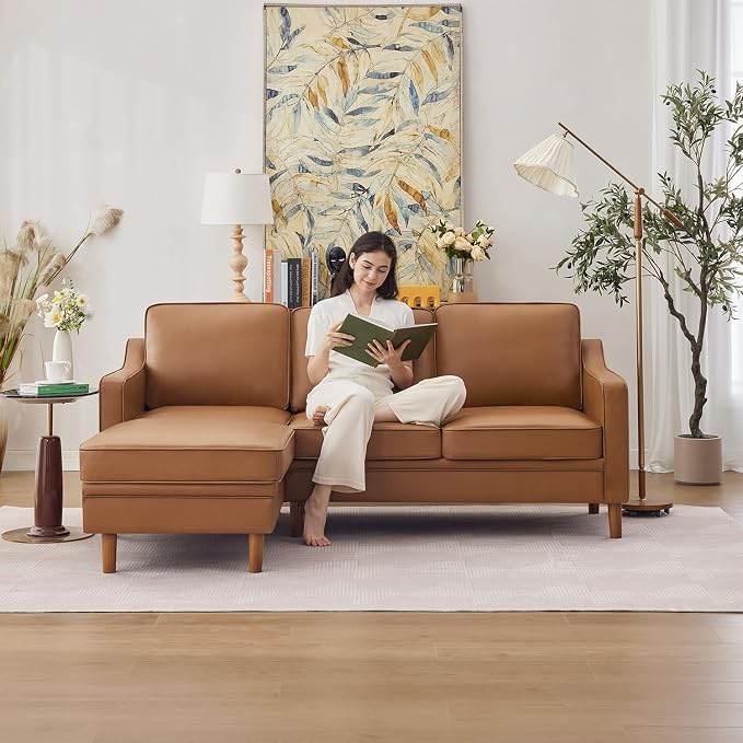 Kingfun 88" L-Shape Sofa, Faux Leather Sectional Couch, Mid Century Modern Couches with Solid Wood Frame for Living Room Bedroom