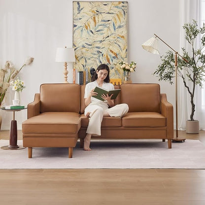 Kingfun 88" L-Shape Sofa, Faux Leather Sectional Couch, Mid Century Modern Couches with Solid Wood Frame for Living Room Bedroom