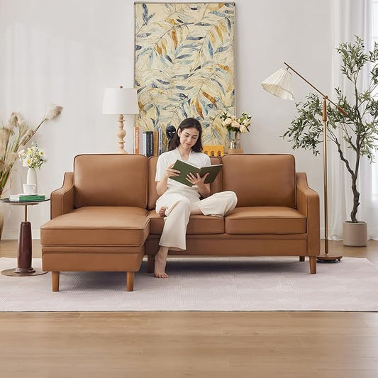 Kingfun 88" L-Shape Sofa, Faux Leather Sectional Couch, Mid Century Modern Couches with Solid Wood Frame for Living Room Bedroom