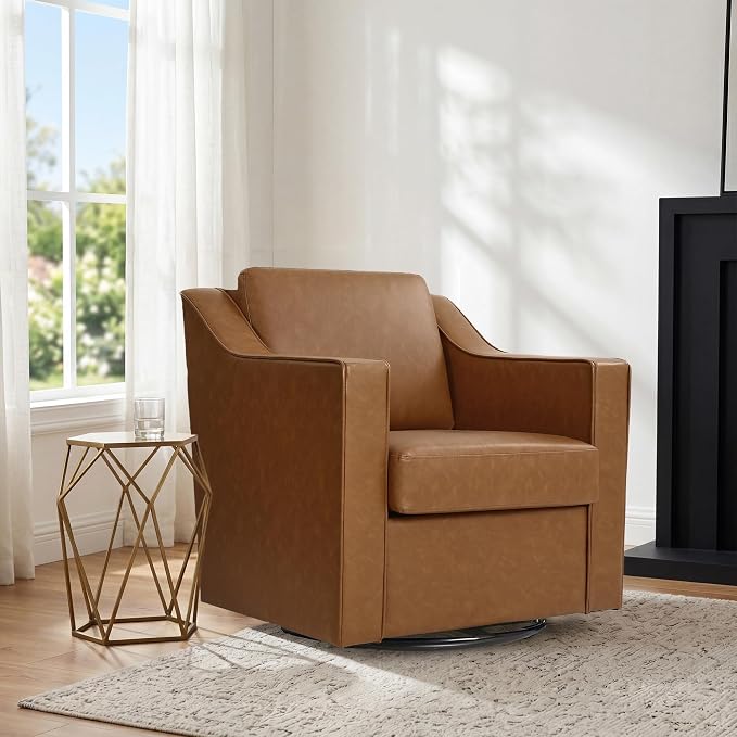 Swivel Accent Chair, Modern Round Barrel Arm Chair for Living Room, Bedroom, Comfy Club Reading Chairs for Adults (Leather Brown, Set of 2)