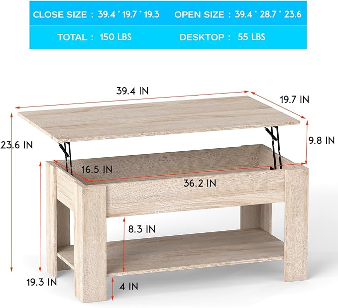 FDW Lift Top Coffee Table with Lift Tabletop Hidden Compartment and Storage Shelf Wooden Living Room Table for Home Reception Room Office,Nature