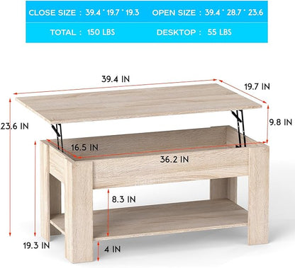 FDW Lift Top Coffee Table with Lift Tabletop Hidden Compartment and Storage Shelf Wooden Living Room Table for Home Reception Room Office,Nature