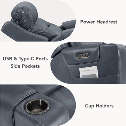 Watson & Whitely Genuine Leather Power Recliner Chairs for Adults, Lay Flat Recliner with Power Headrest, USB Ports and Cup Holders, Electric Reclining Sofa for Living Room, Bedroom, Navy