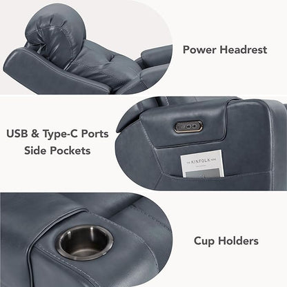 Watson & Whitely Oversized Genuine Leather Power Recliner Chairs for Big and Tall, Extra Wide Lay Flat Recliner with Power Headrest & Cup Holders, Electric Reclining Sofa for Living Room, Navy Blue