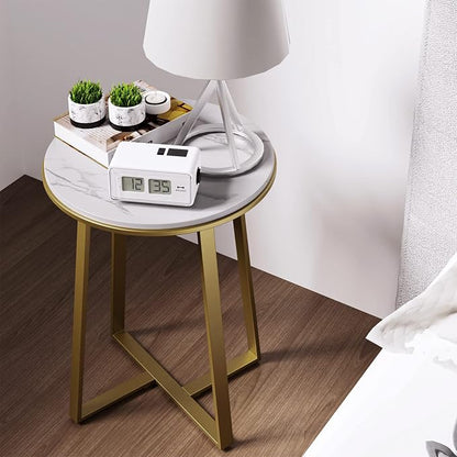 Dorriss Round End Tables, Small Side Table White Marble Texture MDF Top,Metal Frame Gold Color, Tall End Table for Bed Room,Coffee Tea End Table for Living Room (White Marble+Gold)