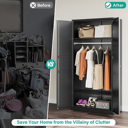 SISESOL Metal Wardrobe Cabinet with Hanging Rod,Black Armoire Wardrobe Closet,Metal Clothing Storage Cabinet with Adjustable Shelves and Doors,72" Cloth Storage Cabinets for Home,Living/Laundry Room