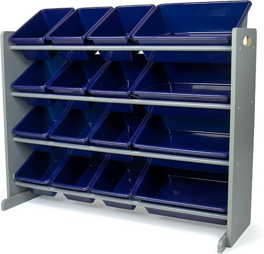 Humble Crew Toy Storage Organizer with 16 Removable Storage Bins for Kids Playroom, 4-Tier Toddler Toy Organization, Grey/Navy