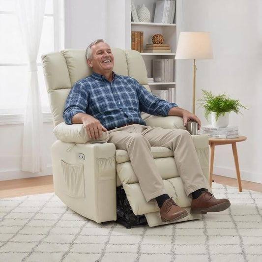 MCombo Dual Motor Power Lift Recliner Chair for Elderly, Lay Flat Lift Chair with Heat and Massage, Cup Holders, USB Ports, Faux Leather 7890 (Cream White, Medium)