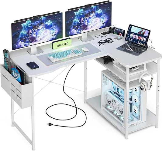 Acrolix L Shaped Gaming Desk 48 Inch - Computer Corner Desk with Power Outlets, Reversible Shelves & Storage Bag for Home Office, PC Gaming Table, White Carbon