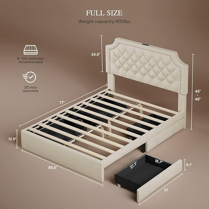 YITAHOME Full Size Bed Frame with Adjustable Headboard, 4 Storage Drawers and Charging Station, Velvet Upholstered Bed Frame with Button Tufted, No Box Spring Needed, Fast Assembly, Noise-Free,Beige