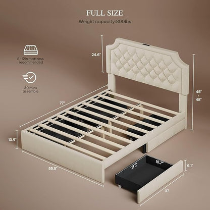 YITAHOME Full Size Bed Frame with Adjustable Headboard, 4 Storage Drawers and Charging Station, Velvet Upholstered Bed Frame with Button Tufted, No Box Spring Needed, Fast Assembly, Noise-Free,Beige