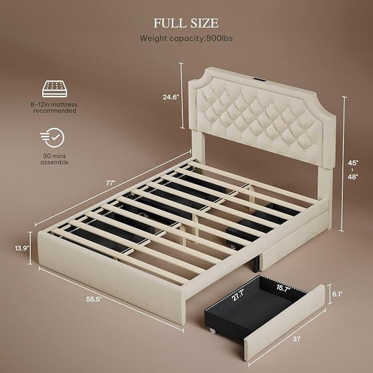 YITAHOME Full Size Bed Frame with Adjustable Headboard, 4 Storage Drawers and Charging Station, Velvet Upholstered Bed Frame with Button Tufted, No Box Spring Needed, Fast Assembly, Noise-Free,Beige