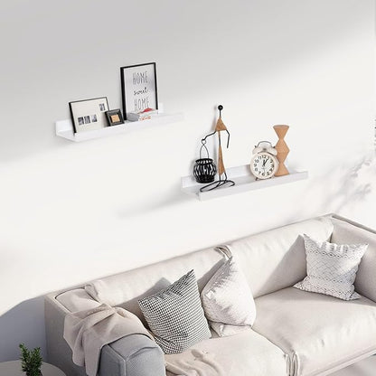 Muzilife 16" Floating Wall Ledge Shelves with Lip - Set of 2 Wood Floating Shelves - White Wall Mounted Picture Ledge for Office, Bathroom, Bedroom, Living Room, Kitchen