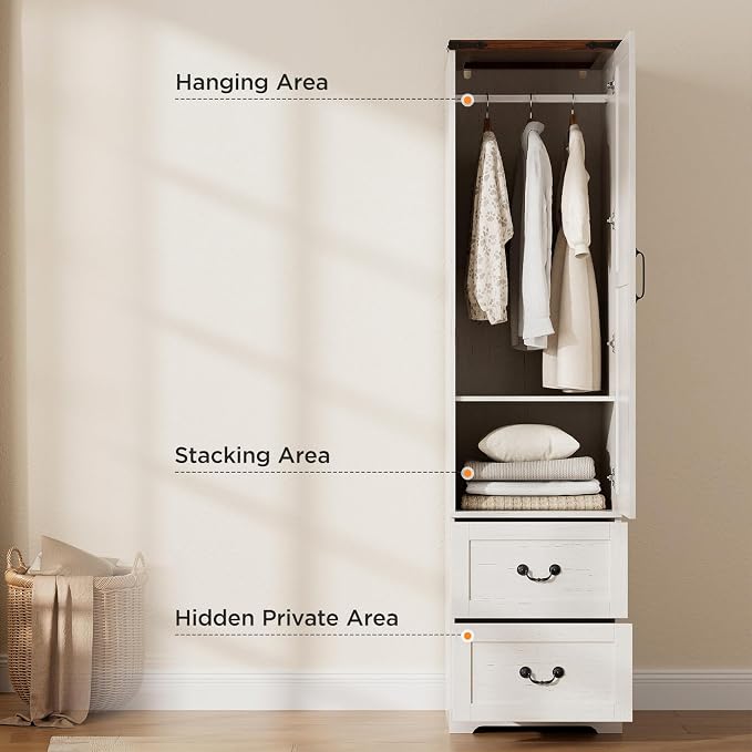 Vabches 71” Tall Farmhouse Armoire Wardrobe Closet, Rustic Narrow Wooden Cabinet for Clothing with Single Door (Reversible Hinge), 2 Large Storage Drawers, Hanging Rod & Adjustable Shelf