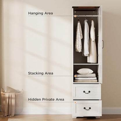 Vabches 71” Tall Farmhouse Armoire Wardrobe Closet, Rustic Narrow Wooden Cabinet for Clothing with Single Door (Reversible Hinge), 2 Large Storage Drawers, Hanging Rod & Adjustable Shelf