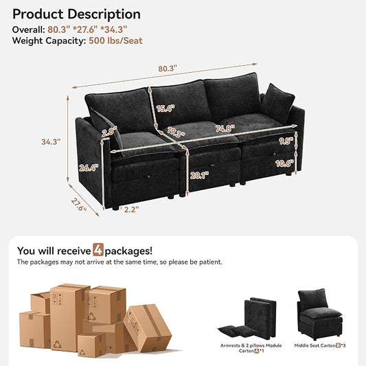 80" Cloud 3 Seater Sectional Modular Couch with Storage, Upholstered Storage Sofa Modern Couch Deep Seat, Chenille Convertible Sofa Comfy Couches with Armrests for Living Room, Small Space, Black