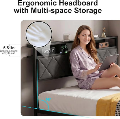 Full Bed Frame with LED Lights, Charging Station & 2 Storage Drawers, Metal Platform with Upholstered Headboard, No Box Spring Needed, Easy Assembly