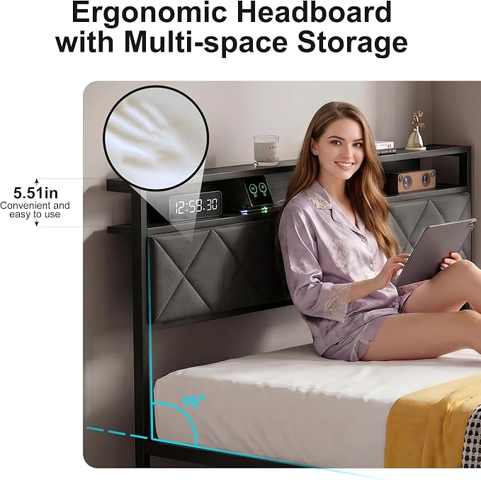 Queen Bed Frame with LED Lights, Charging Station & 2 Storage Drawers, Metal Platform with Upholstered Headboard, No Box Spring Needed, Easy Assembly