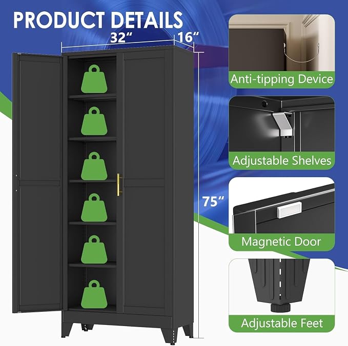 75" Metal Garage Storage Cabinet with 2 Doors, 5 Adjustable Shelves | Metal Storage Cabinets,Steel Tool Cabinets for Home Office,Garage,Warehouse, Widen (Black, 75''H x 32''W x 16''D-B)