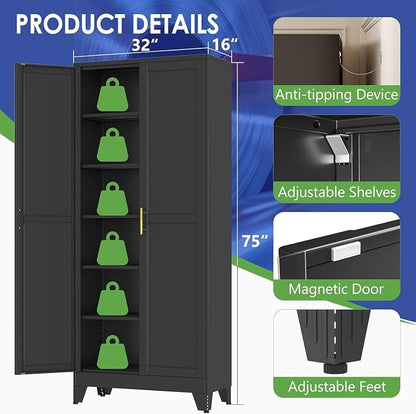 75" Metal Garage Storage Cabinet with 2 Doors, 5 Adjustable Shelves | Metal Storage Cabinets,Steel Tool Cabinets for Home Office,Garage,Warehouse, Widen (Black, 75''H x 32''W x 16''D-B)