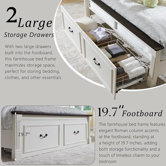 Aitjunz Farmhouse Queen Size Bed Frame with 51" Tall Headboard, Wood Platform Bed Frame with 20" Tall Roman Column Decoration Footboard & 2 Large Storage Drawers, No Box Spring Needed (White)
