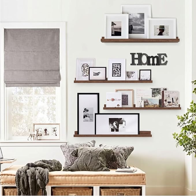 Forbena 36 Inch Picture Ledge Shelf, Floating Nursery Shelves for Wall | Solid Wood Material | Lip Edge | Ideal for Living Room Kids Bedroom Office Photo Frame Display | Walnut Brown | 4 Pack
