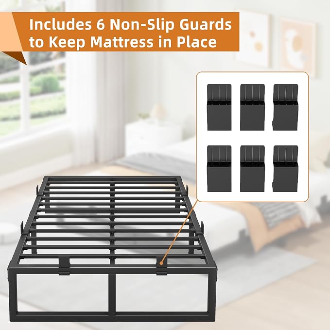 California King Bed Frames, 14 Inch Metal Platform Bed Frame with Squeak Free U-Slot Design, 6 Non-Slip Guards, 3500lbs Heavy Duty Steel Slat Support, No Box Spring Needed, Under Bed Storage