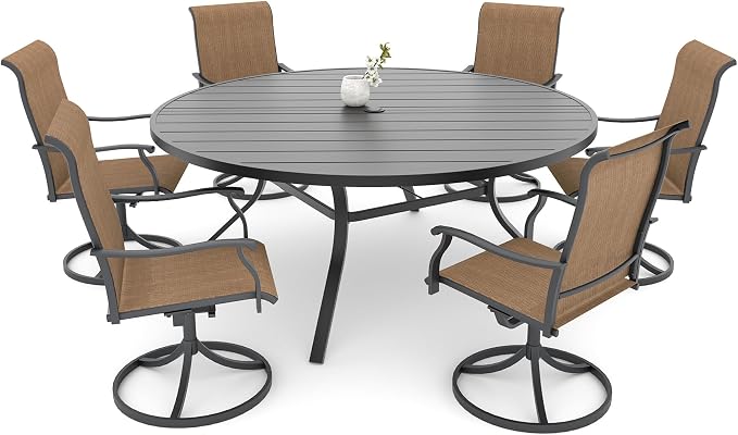 58"x 58"x 28" Patio Table and Chairs Set,6-Pieces Outdoor Swivel Dinging Chairs,Black Round Metal Table with Umbrella Hole,Outside Furniture Set for Patio,Deck,Porch,Backyard