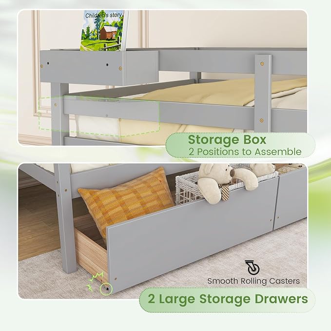 KOMFOTT Twin Over Twin Bunk Bed with 2 Roll-Out Drawers, Wood Bunk Bed Frame with Removable Storage Box, Bunk Bed with Ladder & Safety Guardrail for Dorm Apartment Home, No Box Spring Needed (Grey)