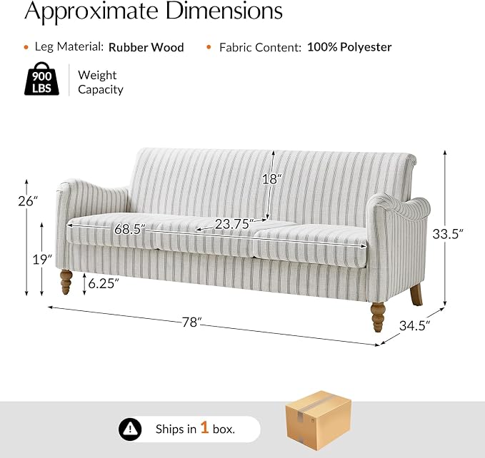 HULALA HOME Farmhouse Curved Couch with Stripe Pattern, 3 Seater Sofa with Solid Wood Spindle Legs and Rolled Wide Armrests, Comfy Upholstered Sofa for Living Room Bedroom, Grey