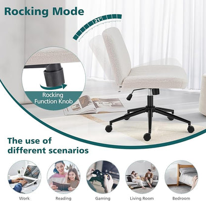 OLIXIS Criss Cross Chair with Wheels Wide Cross Legged Office Desk Vanity Chair Comfy Fabric Armless Adjustable Swivel for Home Computer Task Teddy Beige