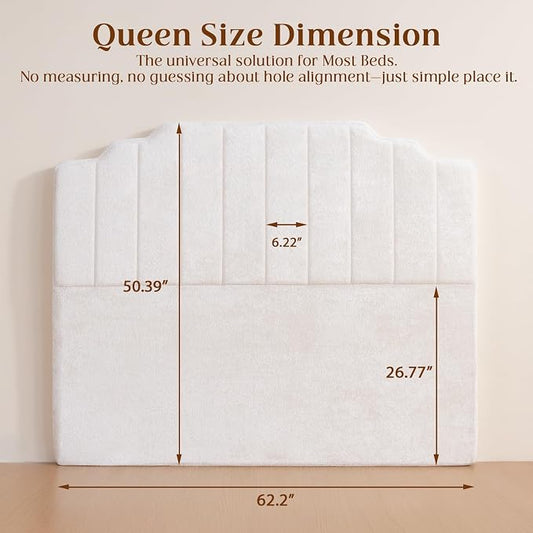 Queen Headboard Only - Beige Velvet Upholstered Headboard for Bed, No Assembly Required, Pure Sponge Design, Comfort Head Board, Place Between Bed & Wall, Vertical Stripe with Stepped Crown Top Edge