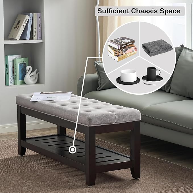 adochr Linen Large Rectangular Ottoman with Storage, Upholstered Entryway Bench for Living Room, Oversized Button Tufted Ottoman with Wood Shelf Storage, Light Grey