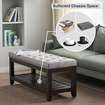 adochr Linen Large Rectangular Ottoman with Storage, Upholstered Entryway Bench for Living Room, Oversized Button Tufted Ottoman with Wood Shelf Storage, Light Grey