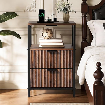 VINGLI Nightstands Set of 2 with Fabric Drawers, Walnut Nightstand with Charging Station, Night Stands Fluted Bedside Tables/End Tables with Charger Station, Side Table Bedroom, Small Night Stand