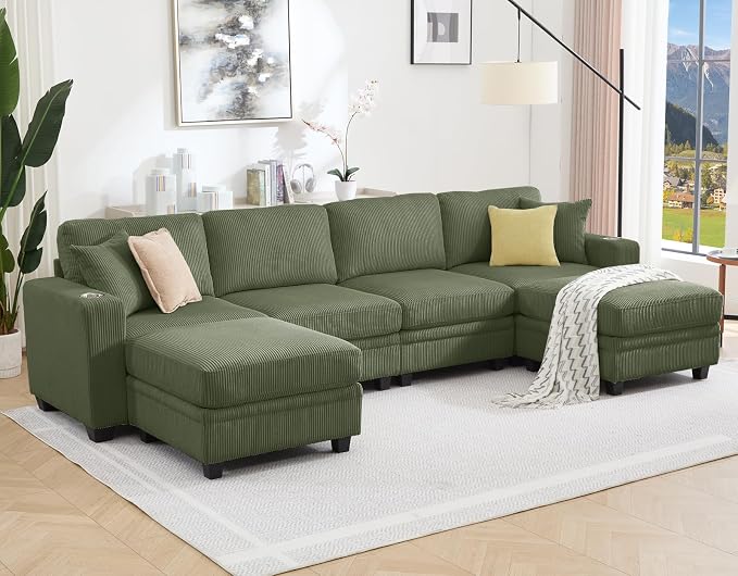 127" Modular Sectional Sofa with Storage, Corduroy 6-Seater U-Shaped Sofa with Ottoman Chaise, Cloud Sectional Couches for Living Room, Apartment
