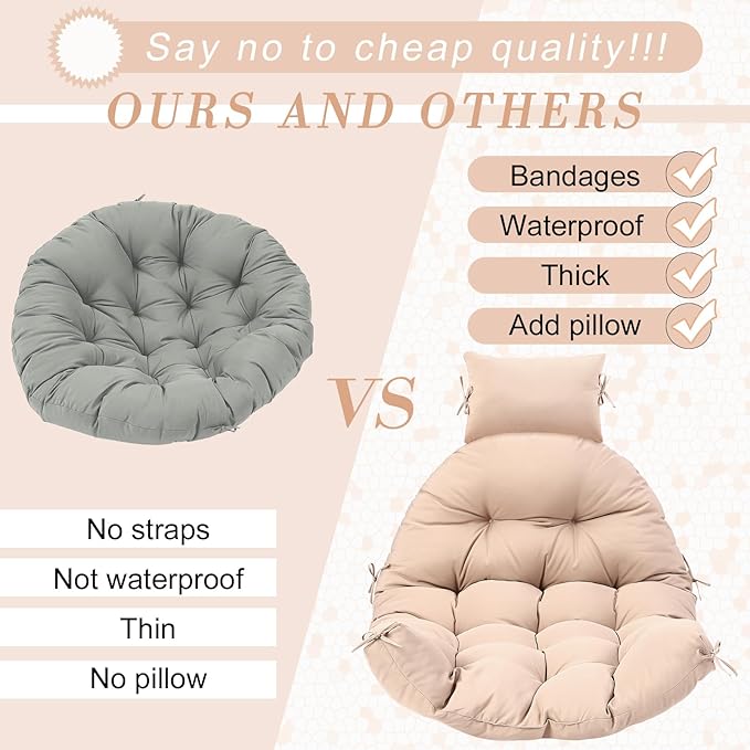 Tudomro Waterproof Egg Chair Cushion with Pillow Filling 2.58 kg Replacement Rocking Wicker Chair Cushion 48" x 32" High Back Hanging Swing Hammock Pad Thicken for Outdoor Patio Garden(Beige)
