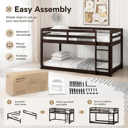 Twin Over Twin Bunk Bed, Low Profile Wooden Frame for Kids Bedroom, Floor Bunk with Ladder and Guardrails, Rubber Wood Construction, 13 Plywood Slats, No Box Spring Needed (Espresso)