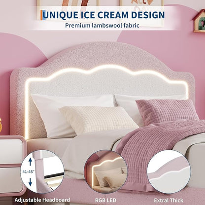 IDEALHOUSE Full Bed Frame with LED Headboard and Under-Bed Drawer, Boucle Fabric Upholstered Platform Bed with LED Light for Kids, Girls, Wooden Slats Support, No Box Spring Needed, Pink