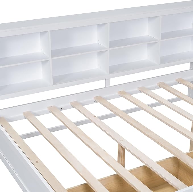 Bellemave Full Corner Bed Frame, Wood Full Size Daybed with L-Shaped Bookcase and 2 Drawers，Daybed with Storage Cabinets, White